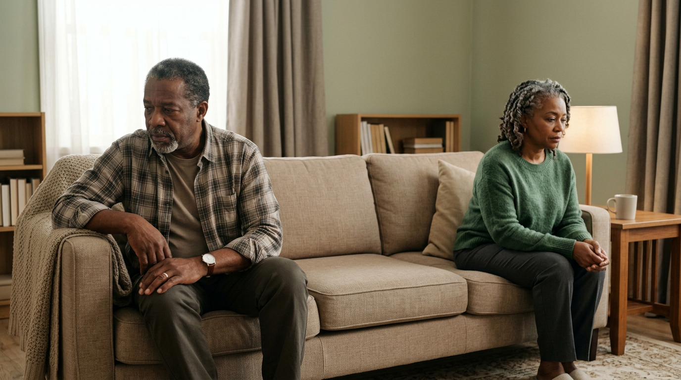 Older Black male veteran and his wife sitting apart on a couch, both looking distant, depicting relationship impact