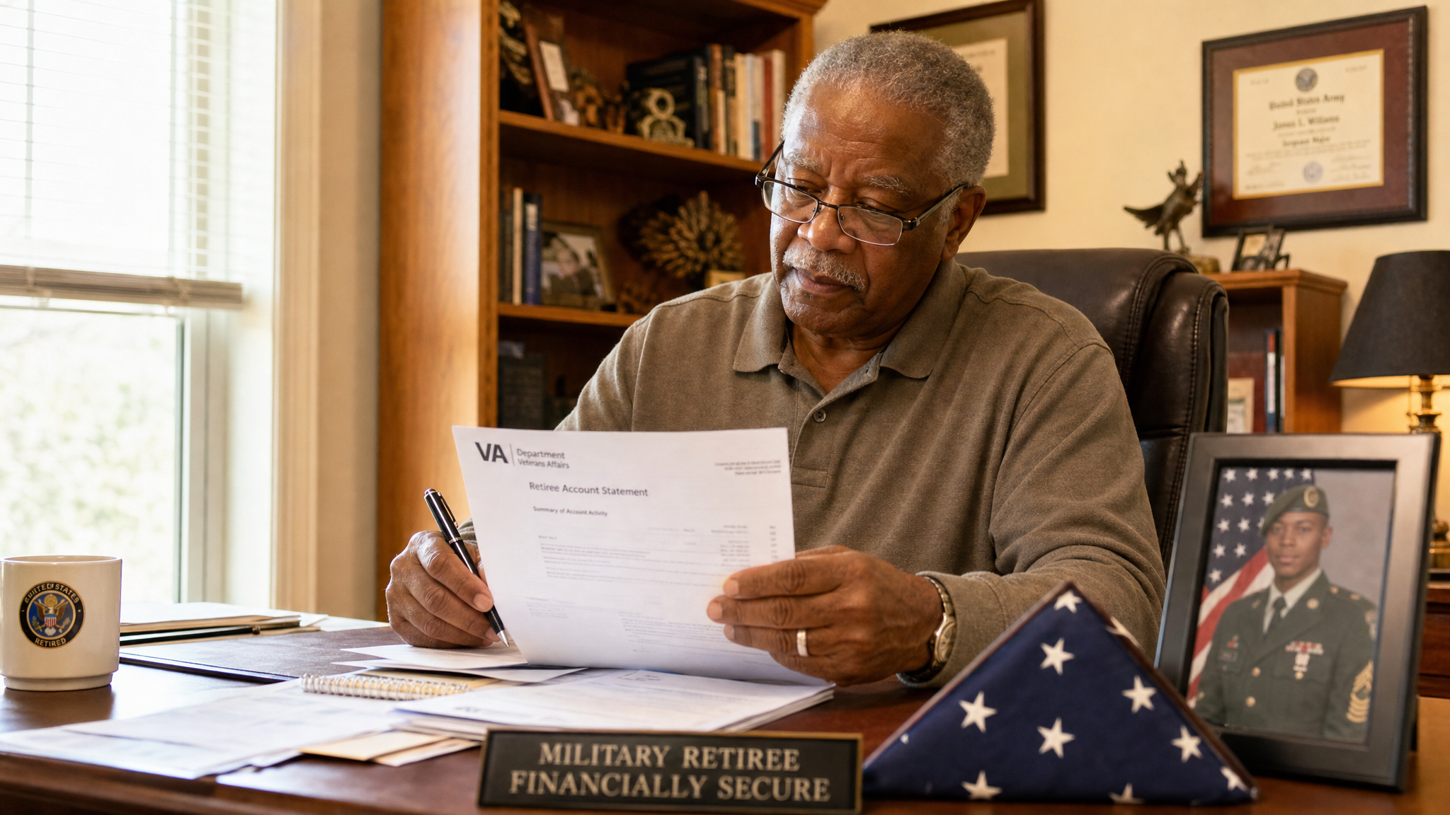 A senior African American male military retiree reviewing his retirement and VA pay statements at a home desk
