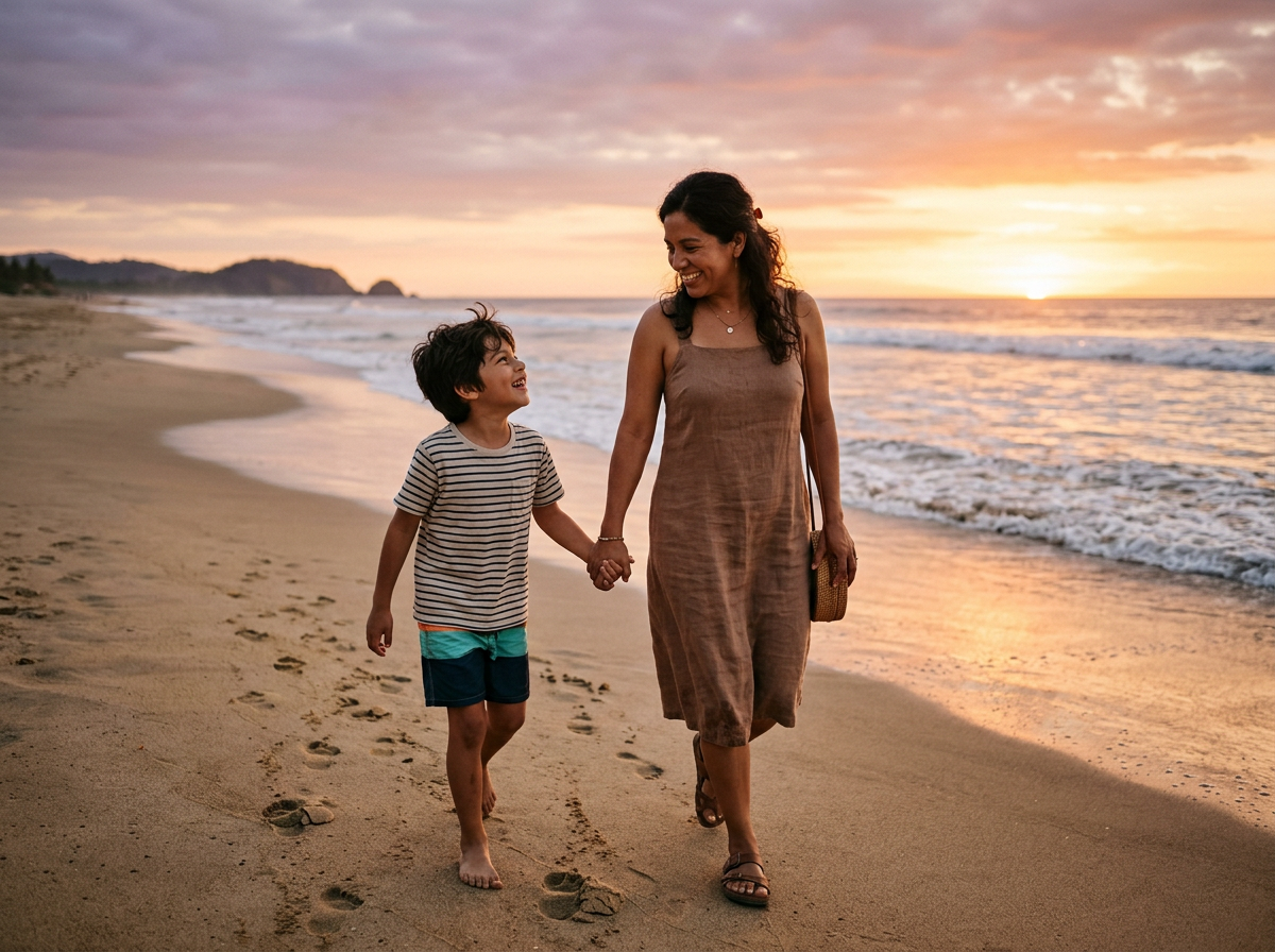 Mateo y su mamá caminando en la playa al atardecer — la inspiración detrás de My Best Holidays