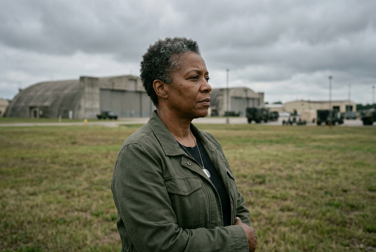 A military veteran standing outdoors near a military environment, looking into the distance