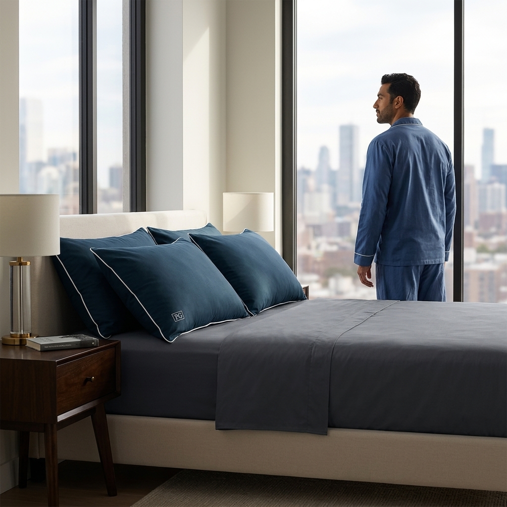 Man standing at window with Pillow Guy bed setup