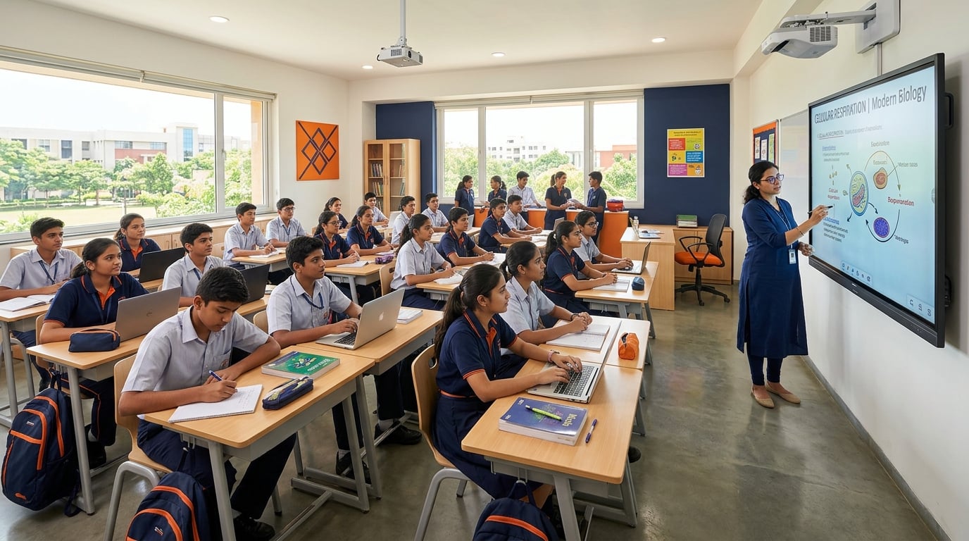 Modern classroom with students learning