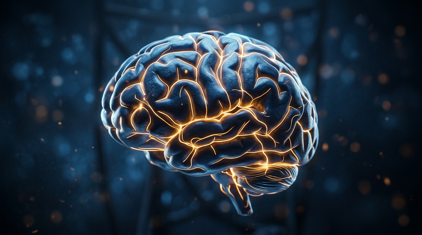 Representação artística de cérebro com luz azul profunda e dourada simbolizando organização neural