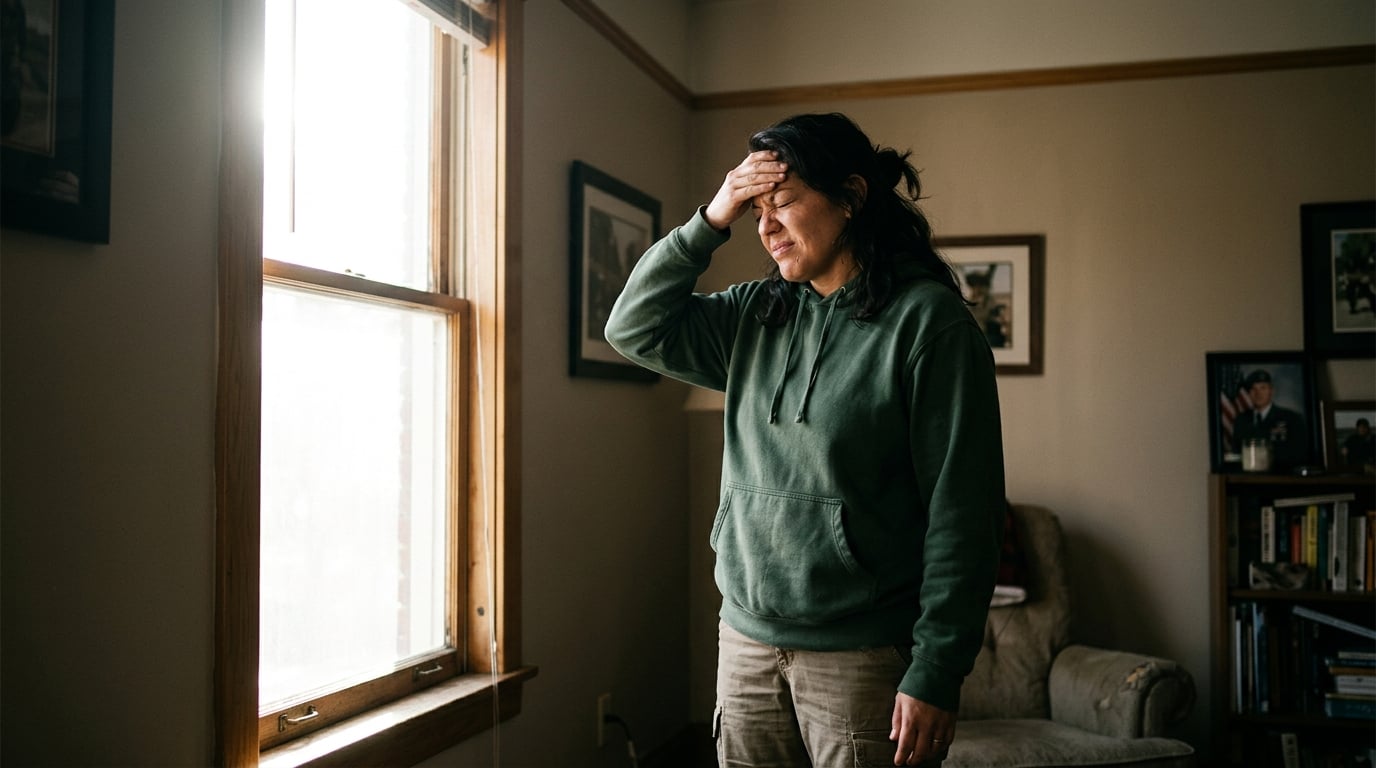 A woman veteran shielding her eyes from harsh light during a migraine