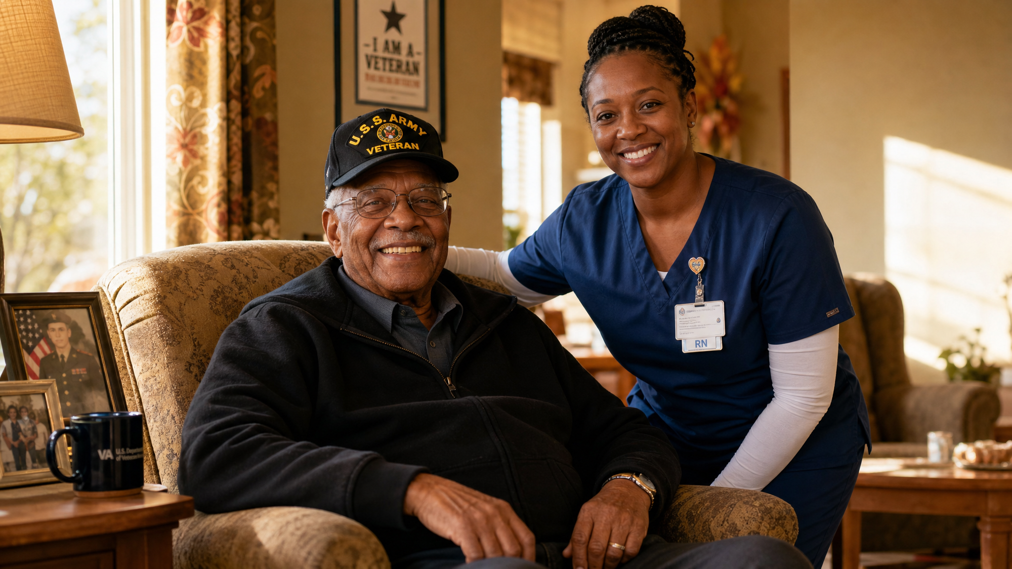 A senior Black male veteran sitting comfortably in a sunlit, home-like room at a VA community living center, smiling with a friendly nurse beside him
