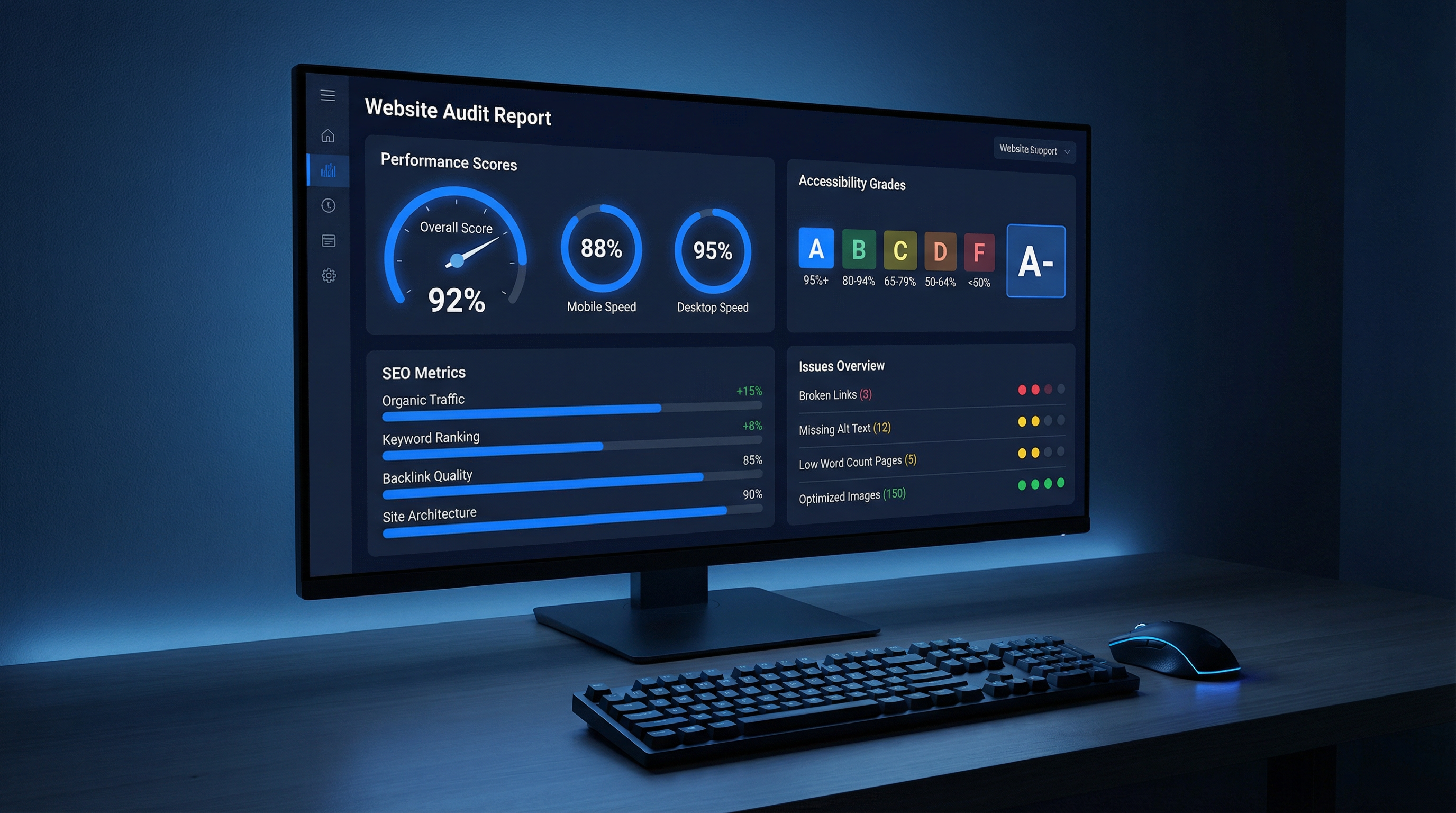 Website audit dashboard showing performance scores, SEO metrics, and accessibility grades