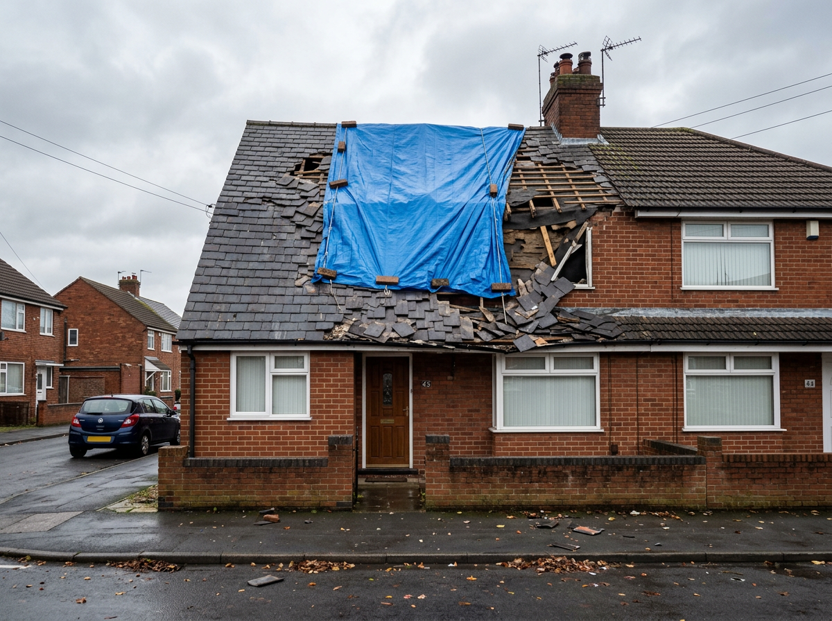 Tarpaulin temporarily covering a damaged roof
