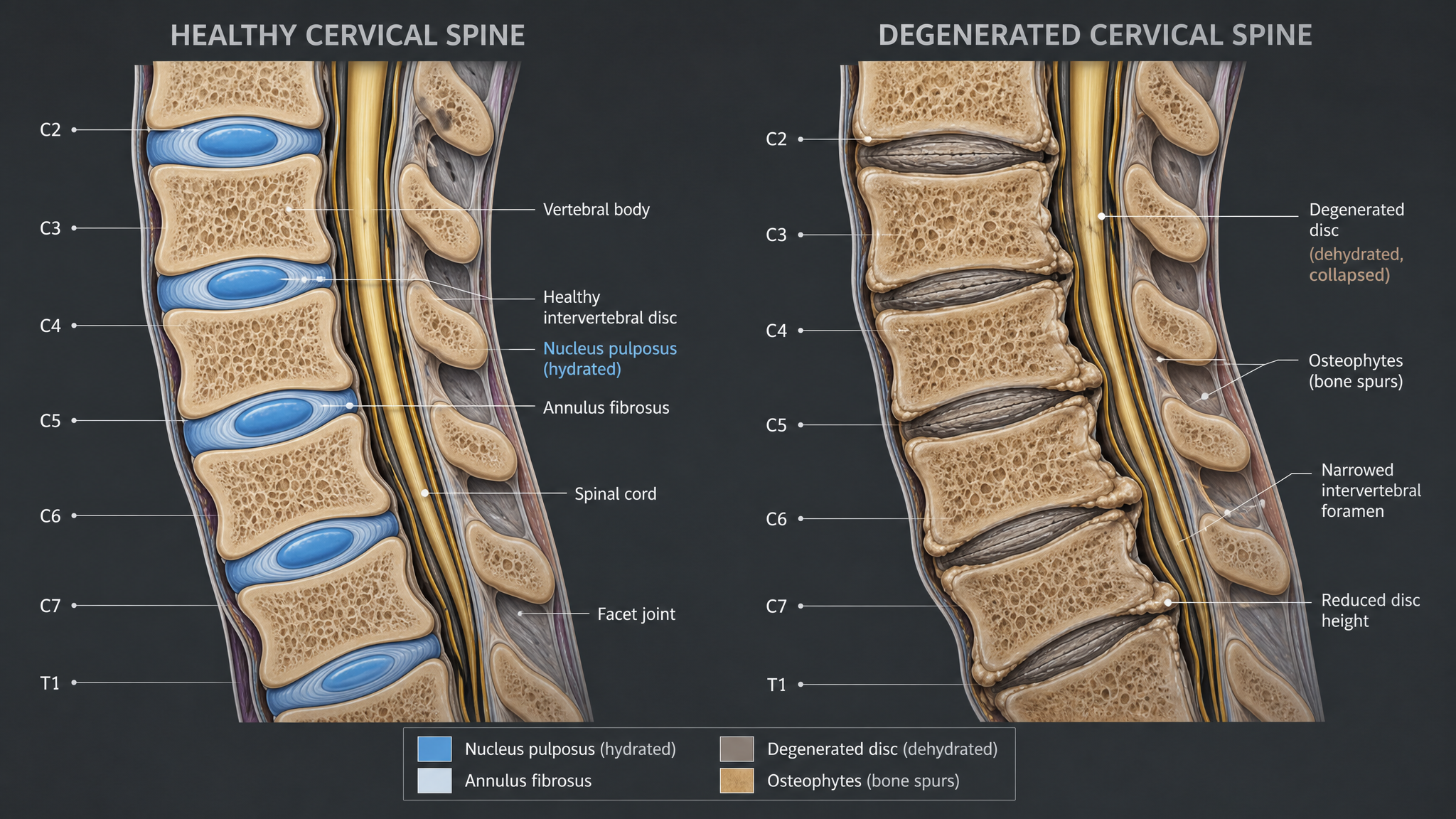 Cross-sectional anatomical illustration of the cervical spine comparing a healthy hydrated intervertebral disc with collapsed degenerated discs and bone spurs at adjacent levels
