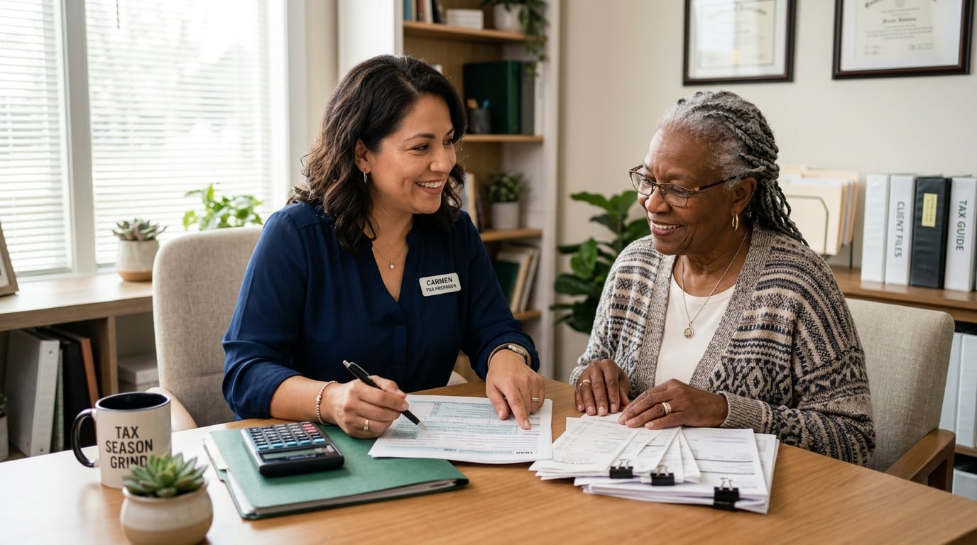 A Hispanic woman tax preparer helping an elderly Black woman retiree organize receipts and tax forms at a tidy desk