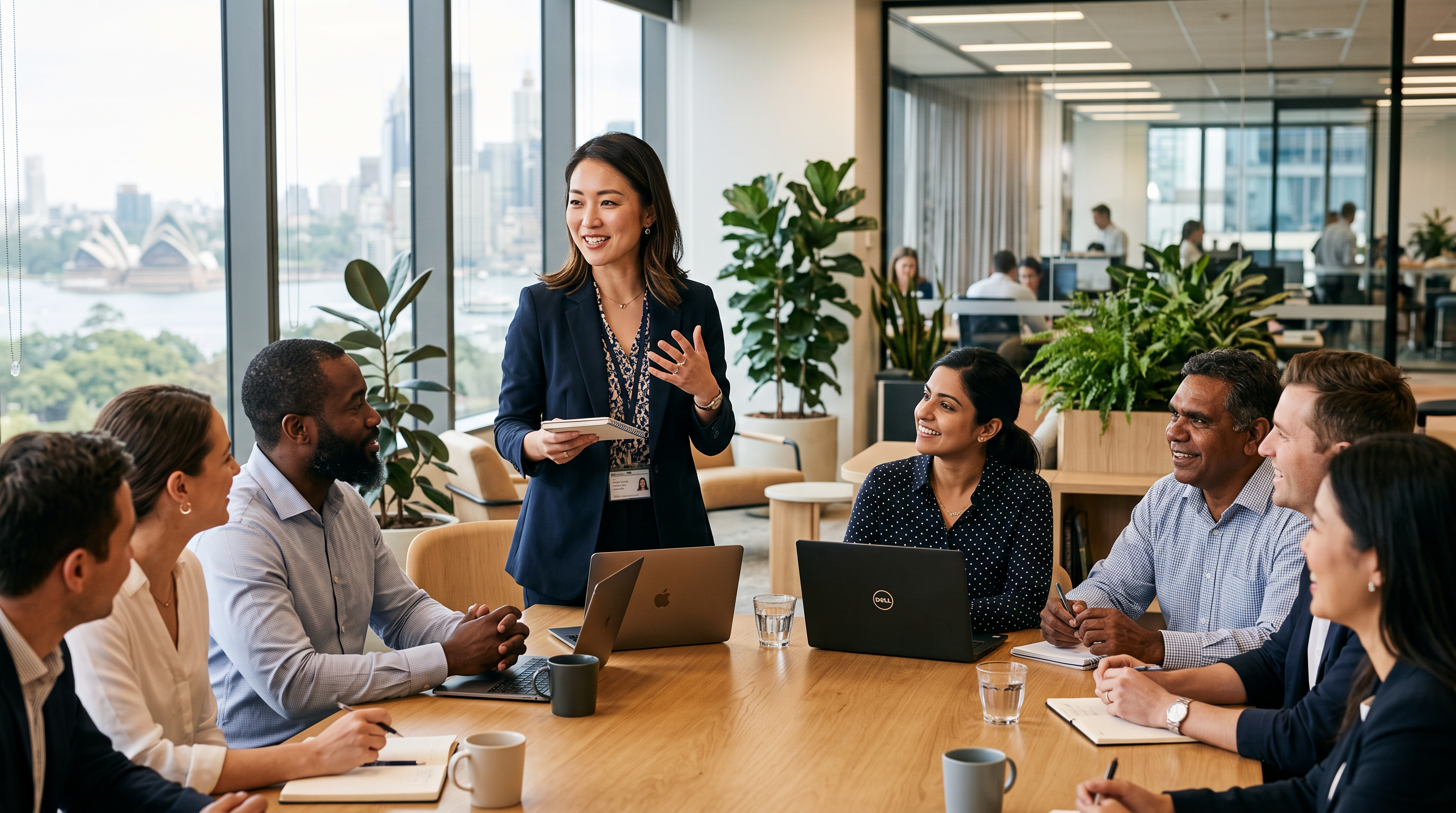 A Japanese-background professional woman speaking confidently in a modern Australian office meeting