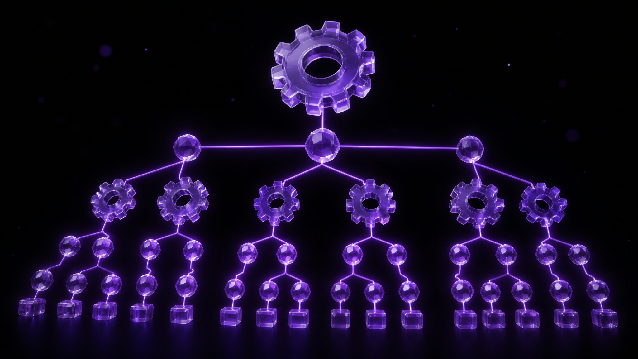 Frosted violet glass gears and interconnected nodes forming a translucent site-architecture tree floating in the dark, representing technical SEO