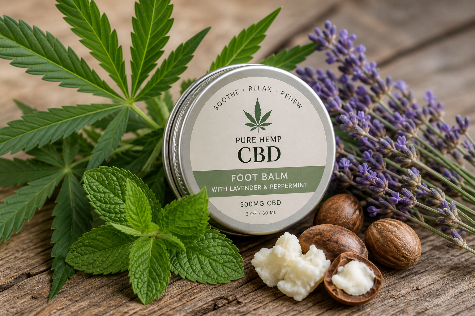 Natural CBD foot care ingredients including hemp extract and botanicals