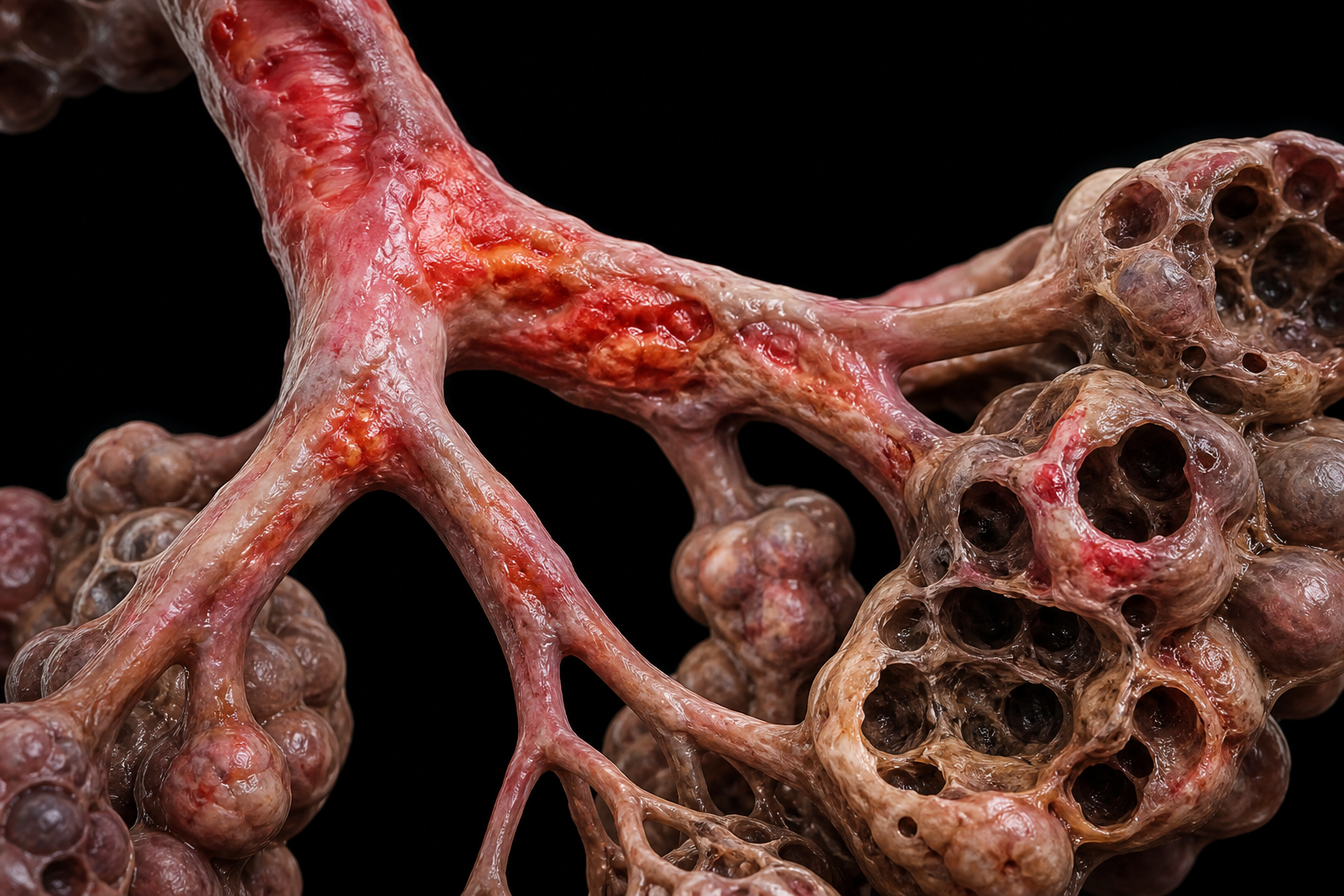 Detailed 3D anatomical render of human lungs and airways on a dark background showing inflamed narrowed bronchi and damaged alveoli, illustrating obstructive and restrictive lung disease