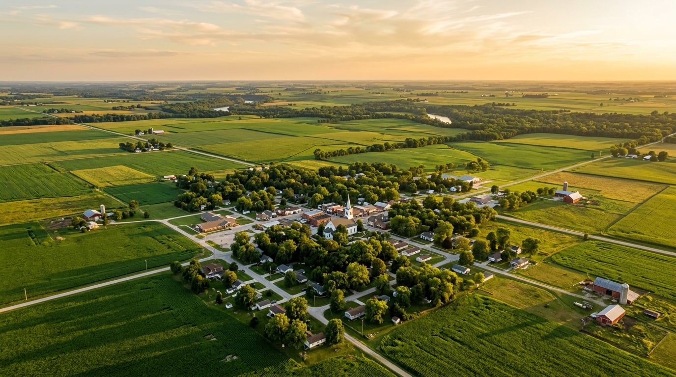 Aerial view of a small Missouri town surrounded by green fields
