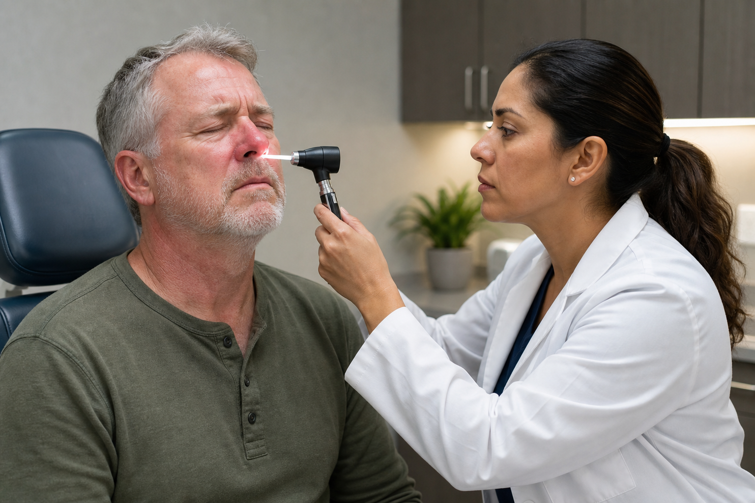 A white male veteran in his sixties undergoing a sinus and nasal examination by a clinician using an otoscope in a clinical setting