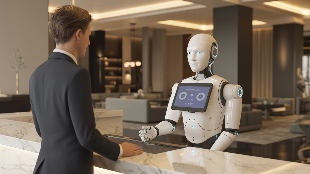 Front desk reception robot assisting guest at check-in