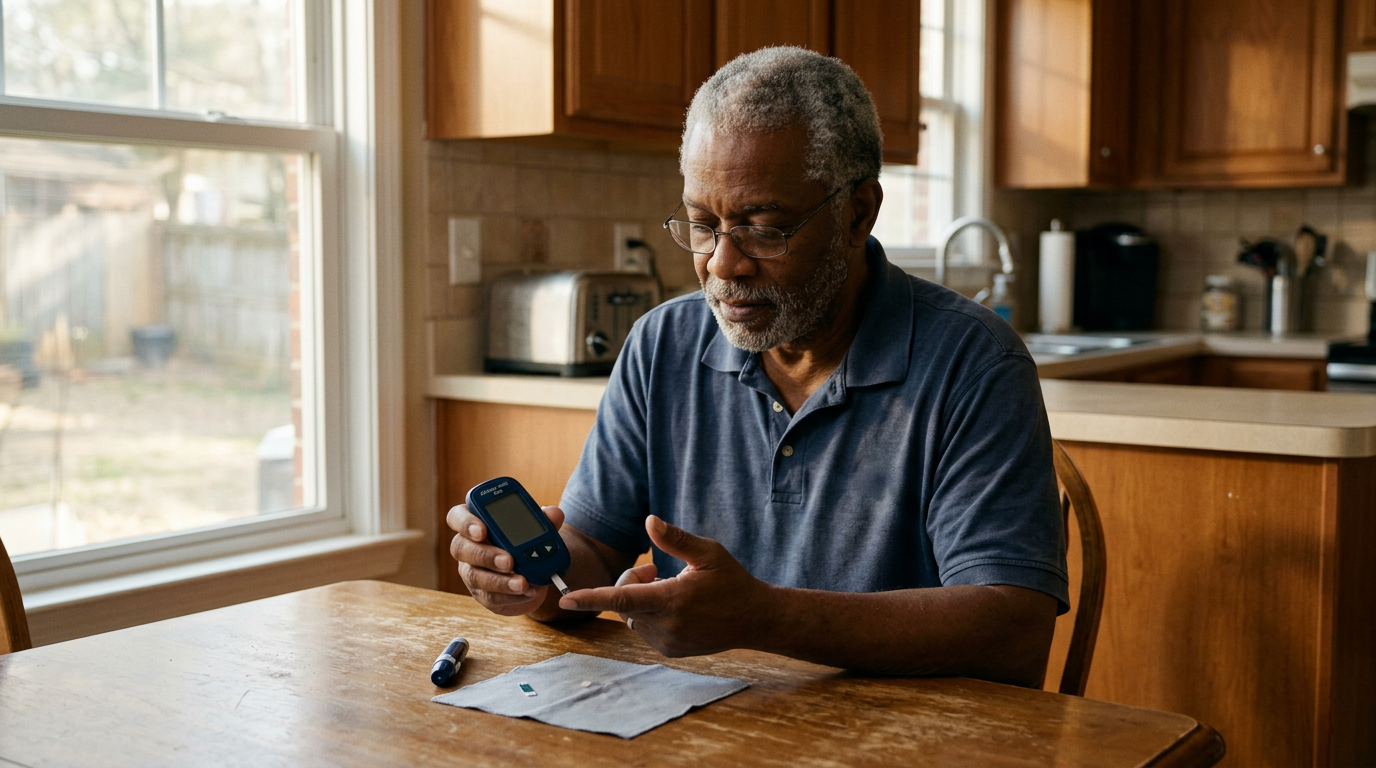 Veteran checking blood glucose with a glucometer at a kitchen table, representing the diabetes-ED connection