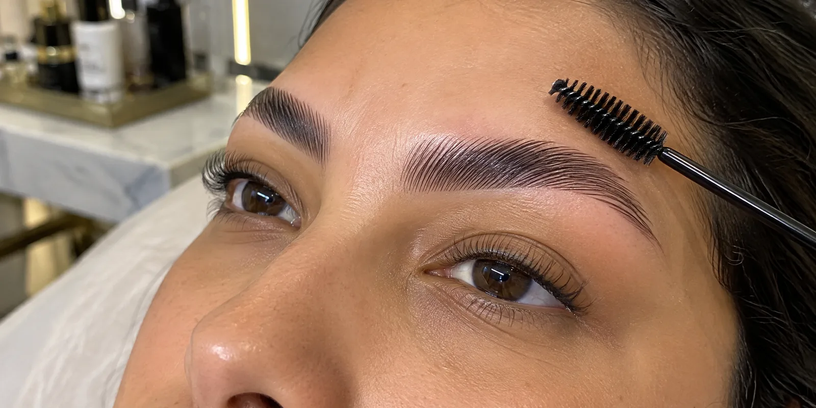 Resultado de brow lamination com sobrancelhas alinhadas e penteadas em Sorocaba