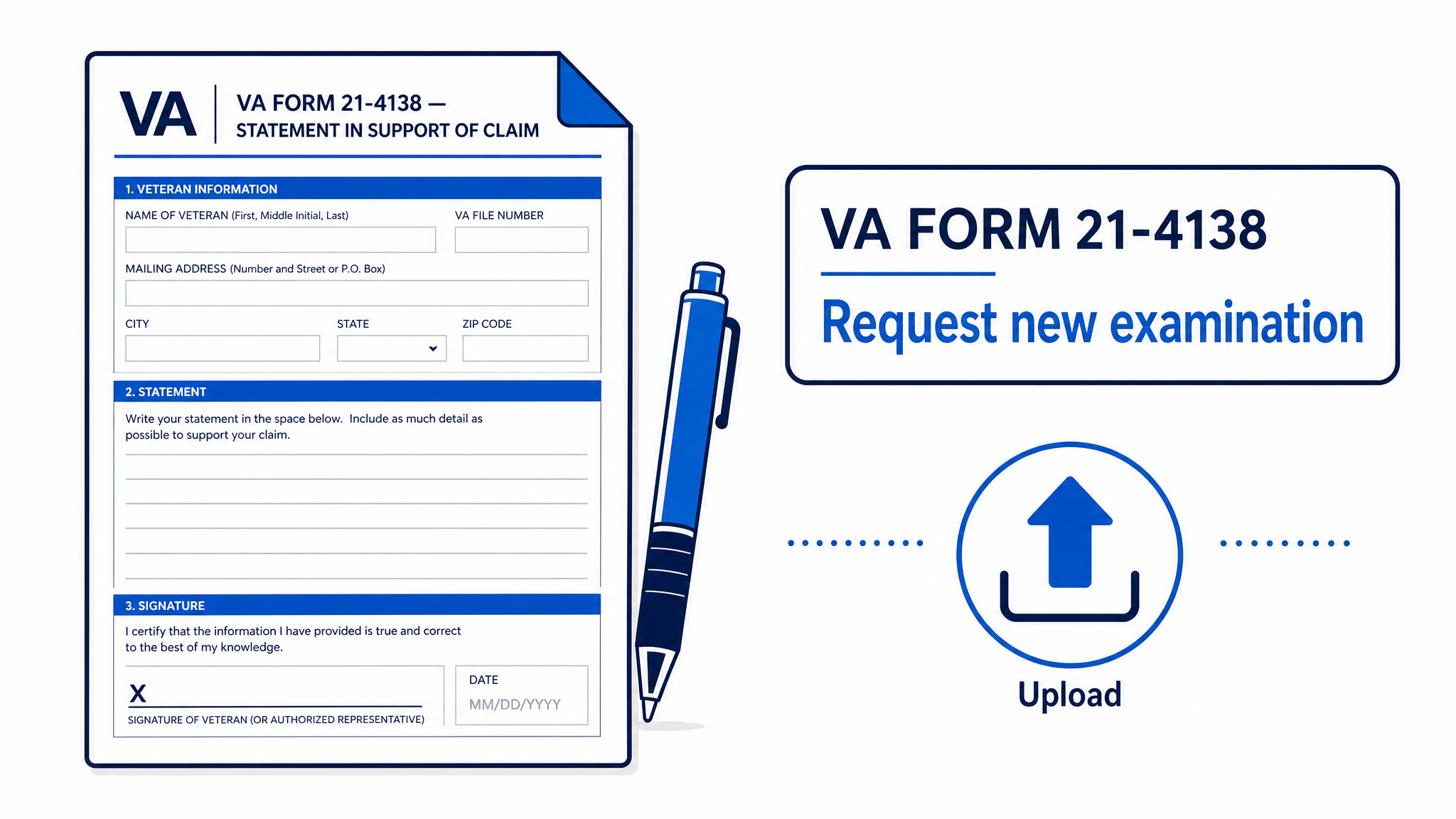Flat infographic of VA Form 21-4138 Statement in Support of Claim being submitted with an upload arrow