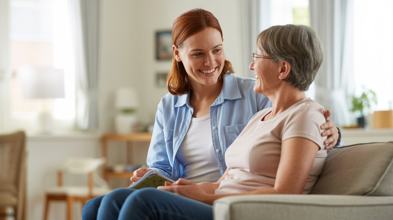 Professional support worker with client in home setting