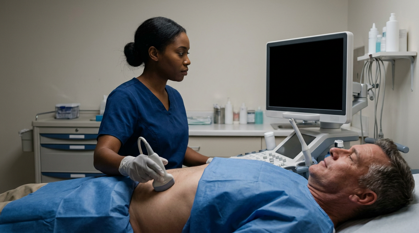Black female ultrasound technician performing a lower abdominal ultrasound on a patient