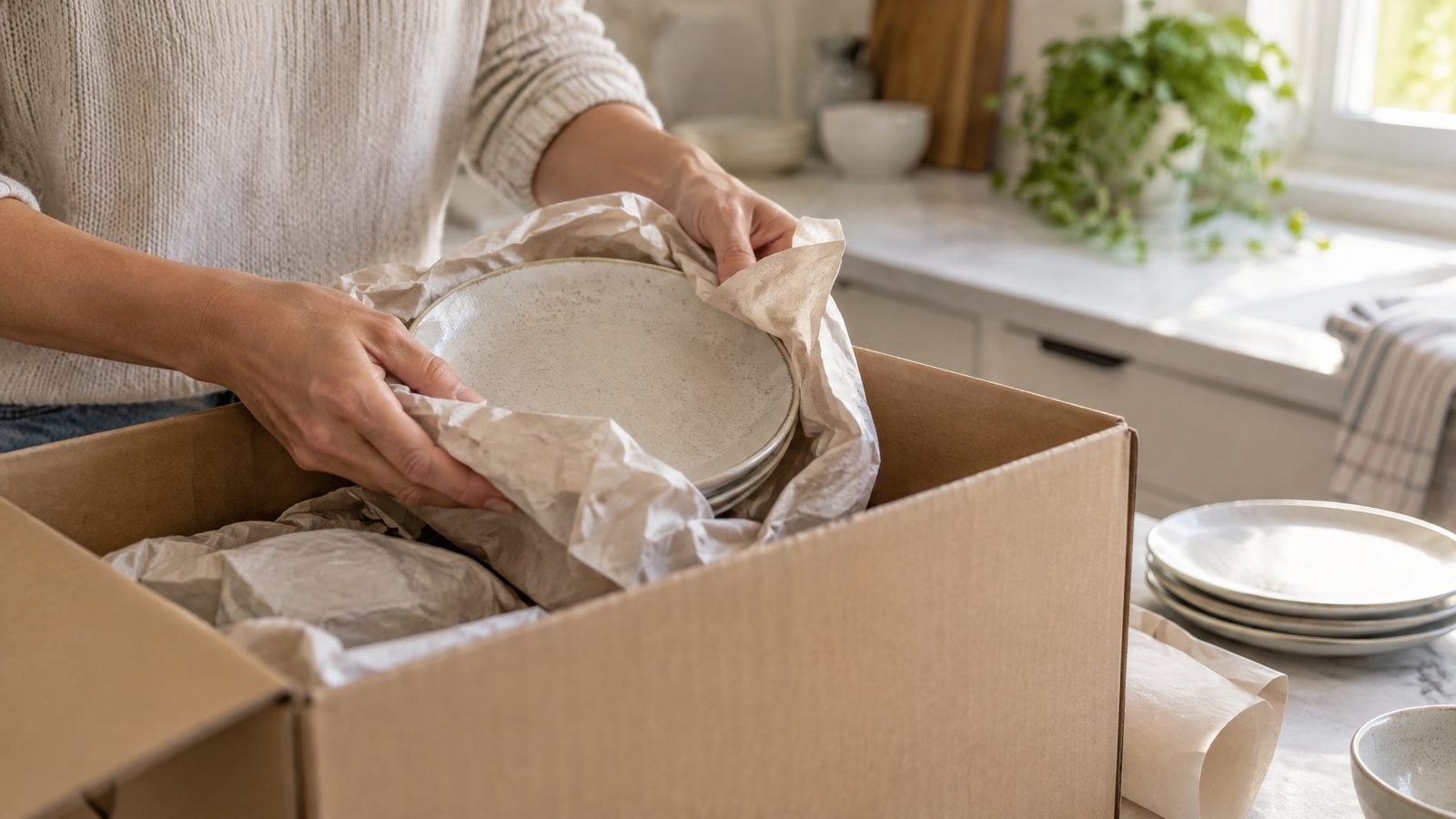 Dishes being wrapped and packed safely into a moving box