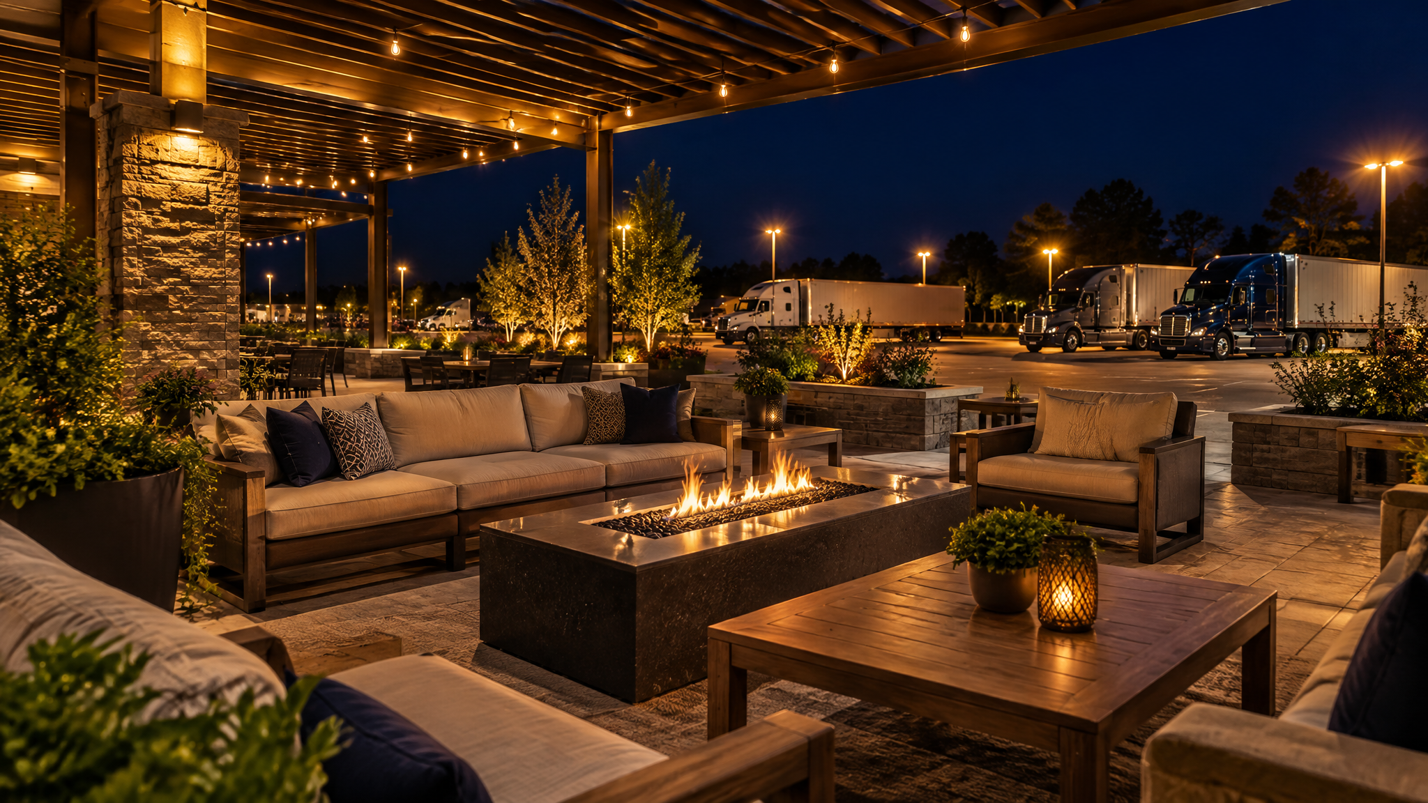 Outdoor rest area lounge at night