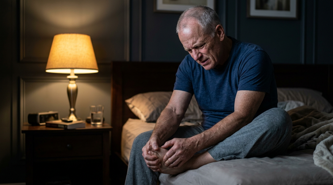 White male veteran in his 60s sitting on the edge of a bed at night clutching his burning feet in pain
