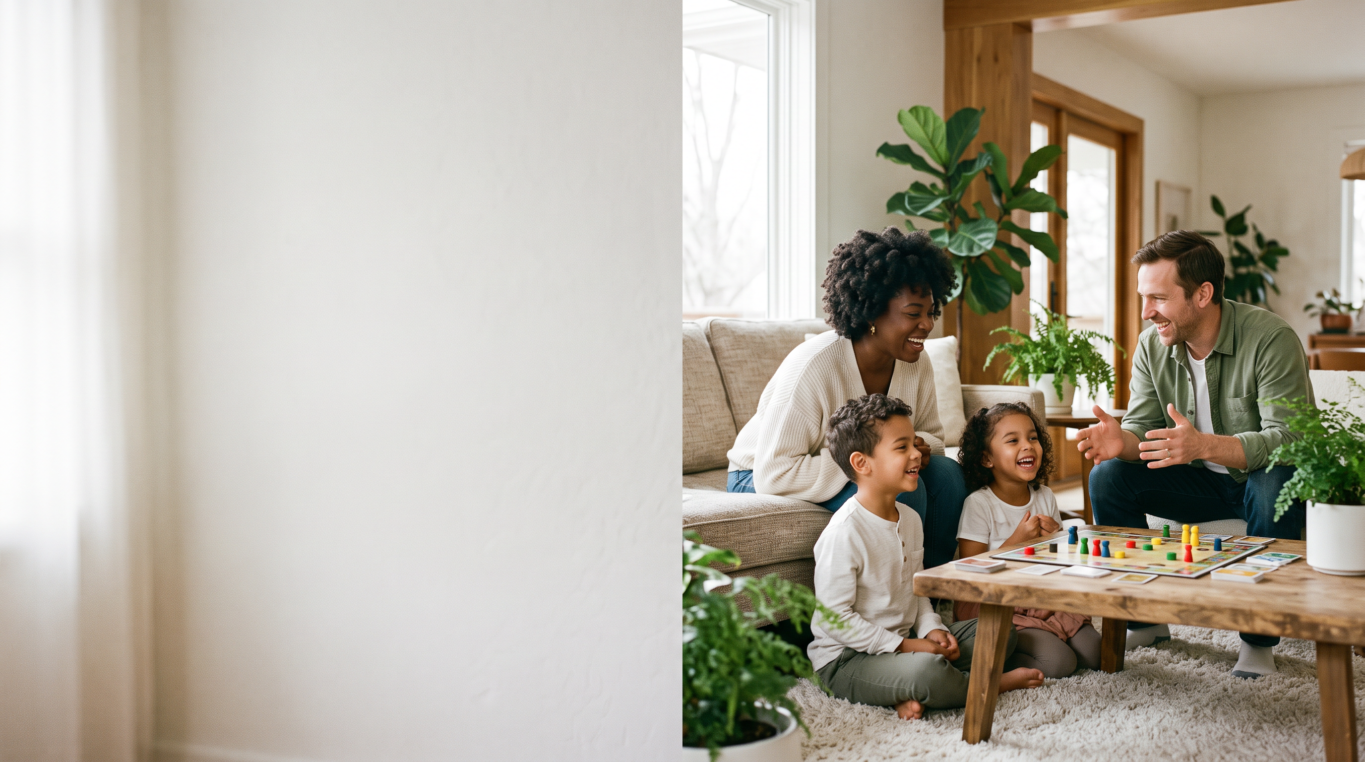 Happy family laughing together over a board game in their bright, clean Southern California living room