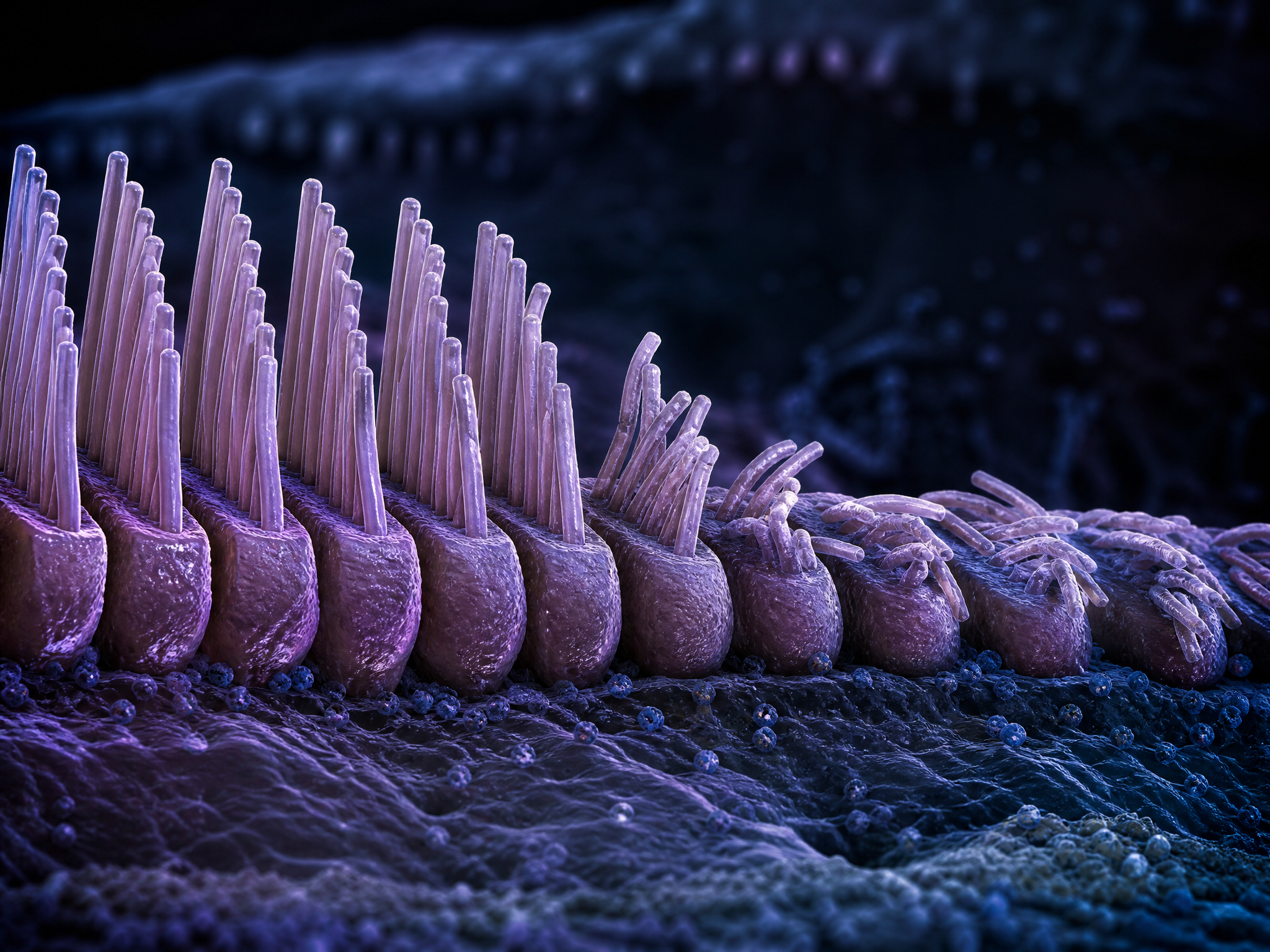 Microscopic render of cochlear hair cells transitioning from healthy upright stereocilia to damaged and flattened cells from noise exposure