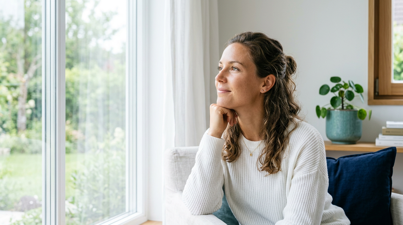 Thoughtful, healthy woman in soft daylight, representing women’s health and PCOS care
