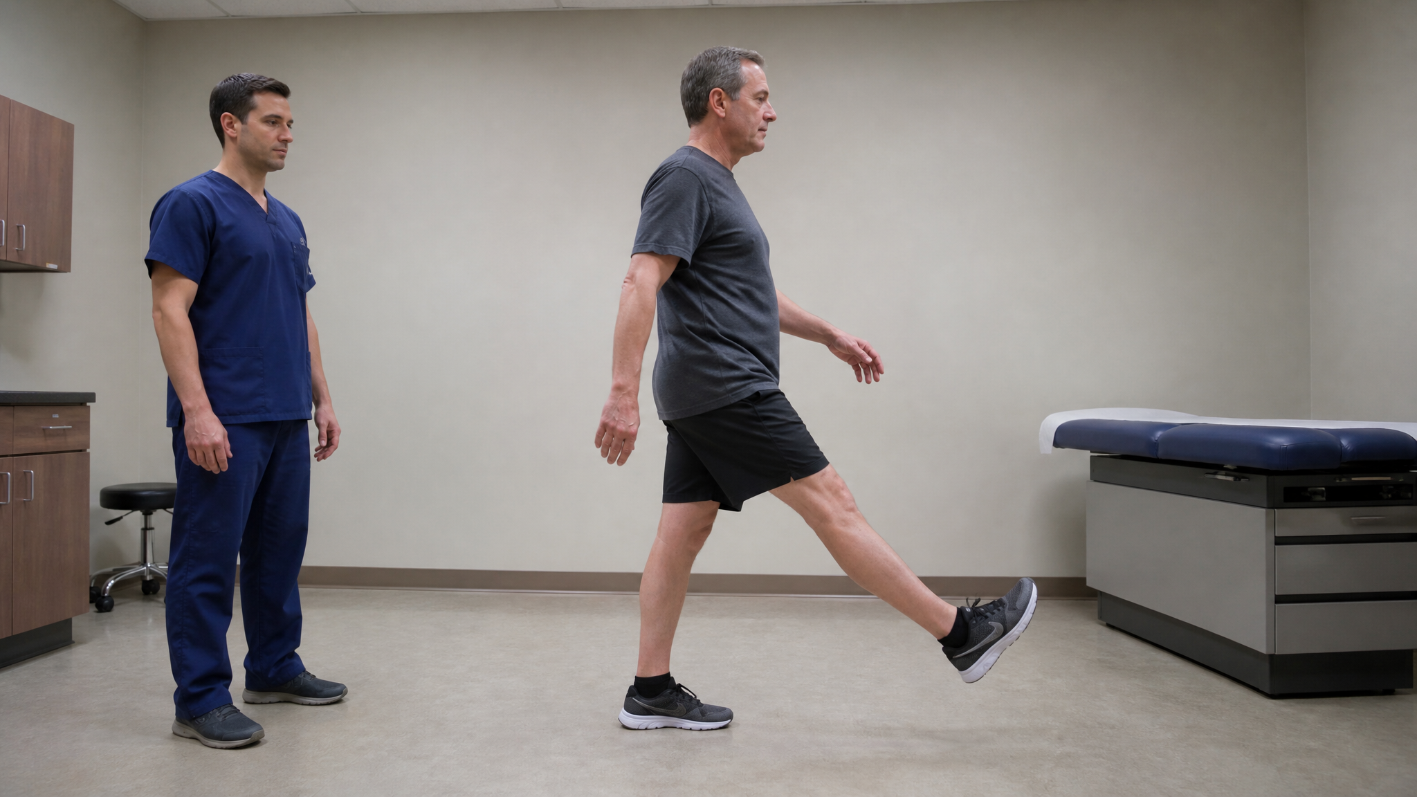 Photograph of an examiner observing a patient walking with a stiff-legged gait across an exam room