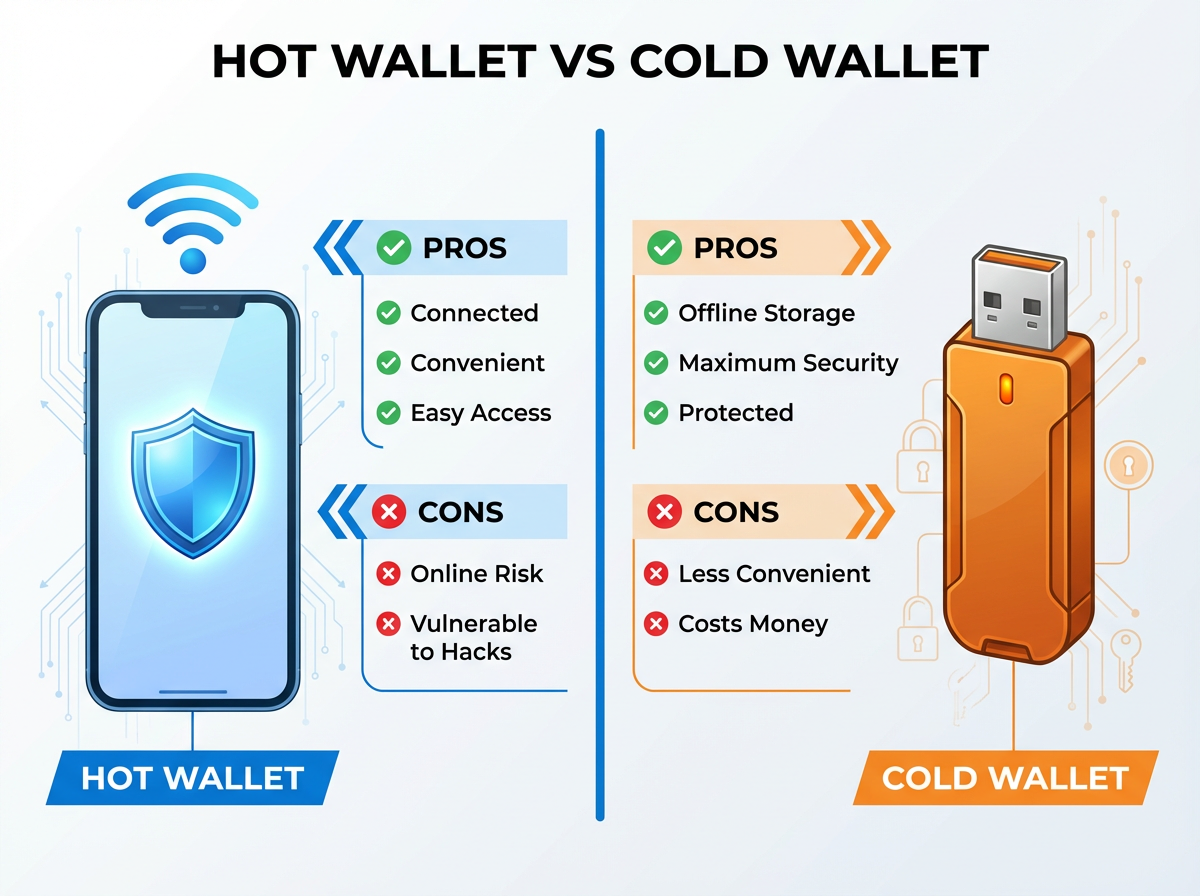 Hot wallet vs cold wallet comparison for crypto beginners securing their investments