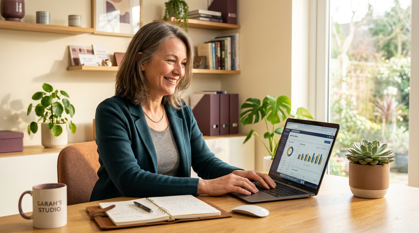 Smiling woman business owner working confidently on her laptop in a sunny home office