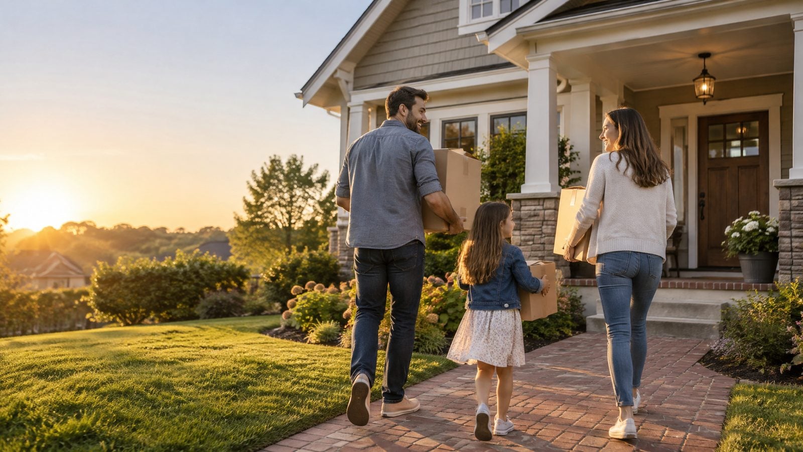 Family walking up to their new home at golden hour — Appleton, Wisconsin