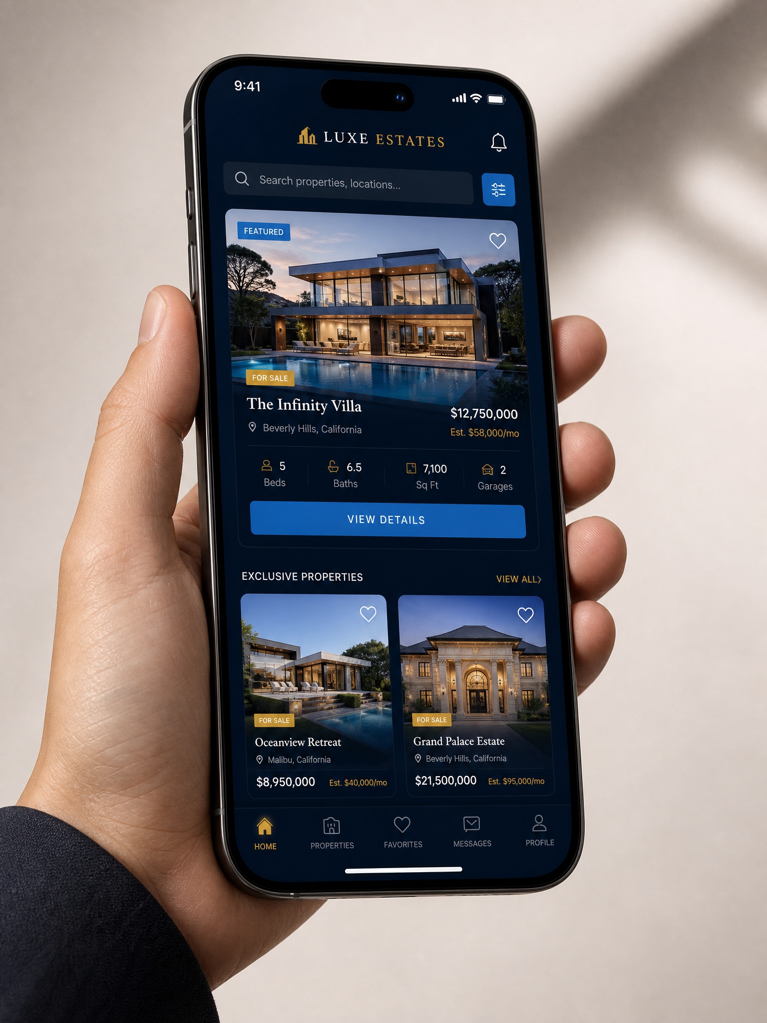 Kinder Realty Platform on mobile — premium real estate app