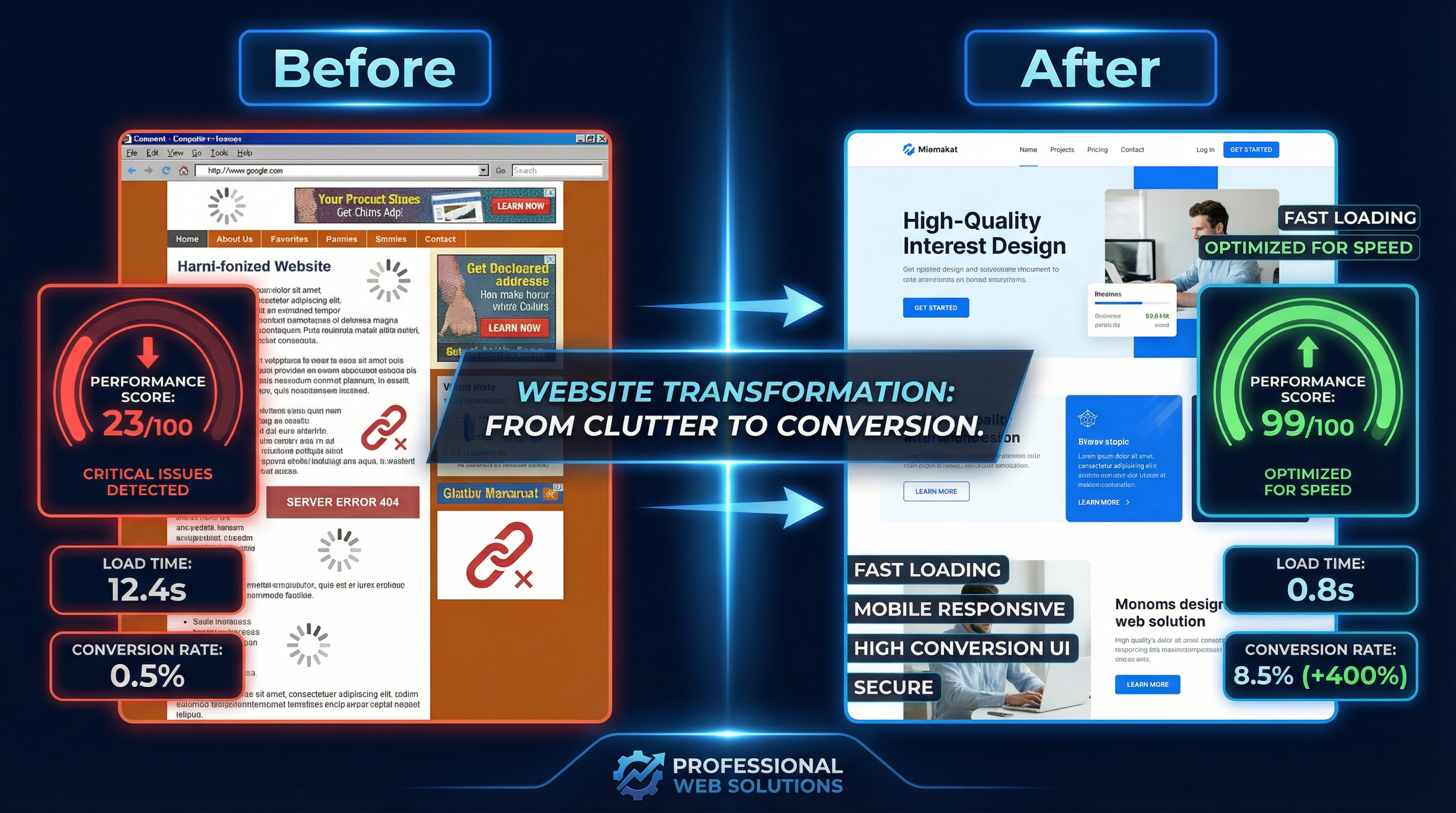 Before and after website transformation comparison showing dramatic performance improvement