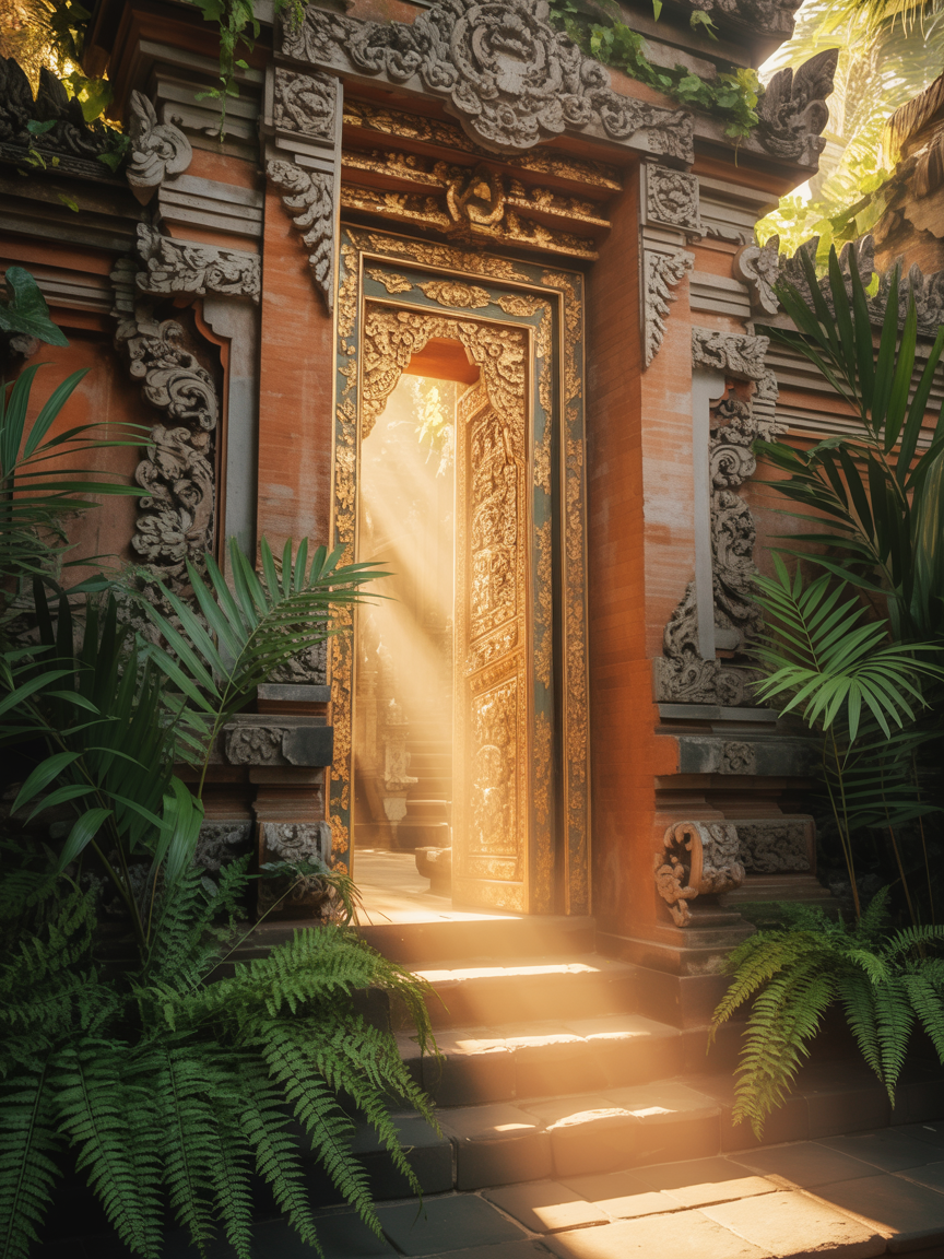 Welcoming Balinese temple door entrance to The Vault