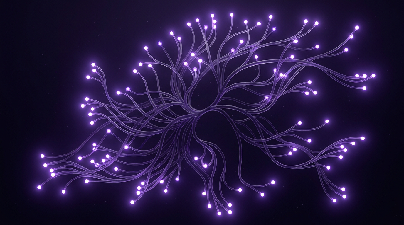 Abstract branching pathways in the dark, each branch ending in a distinct brightly glowing violet node, representing focused search pathways for specific truck brands, vehicle types and locations