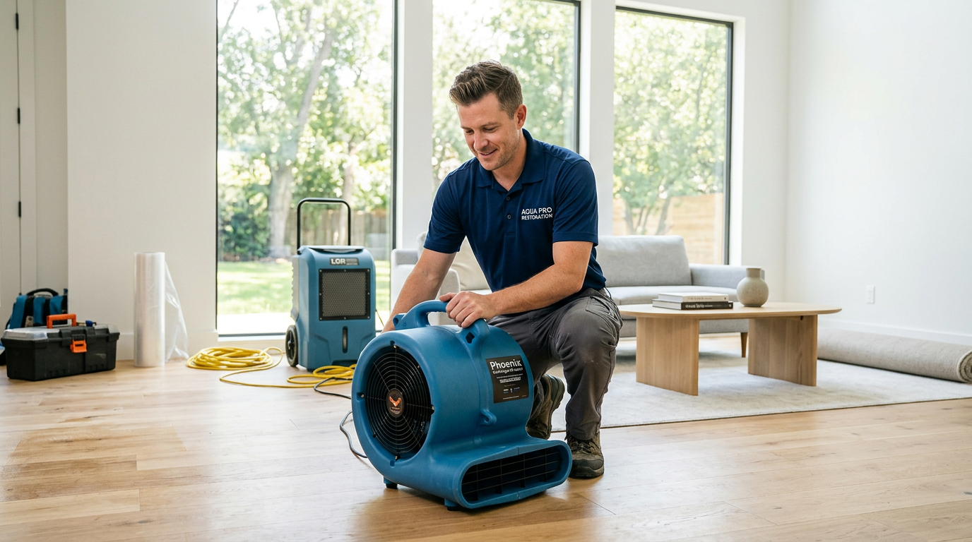 Restoration technician setting up drying fans in a bright living room