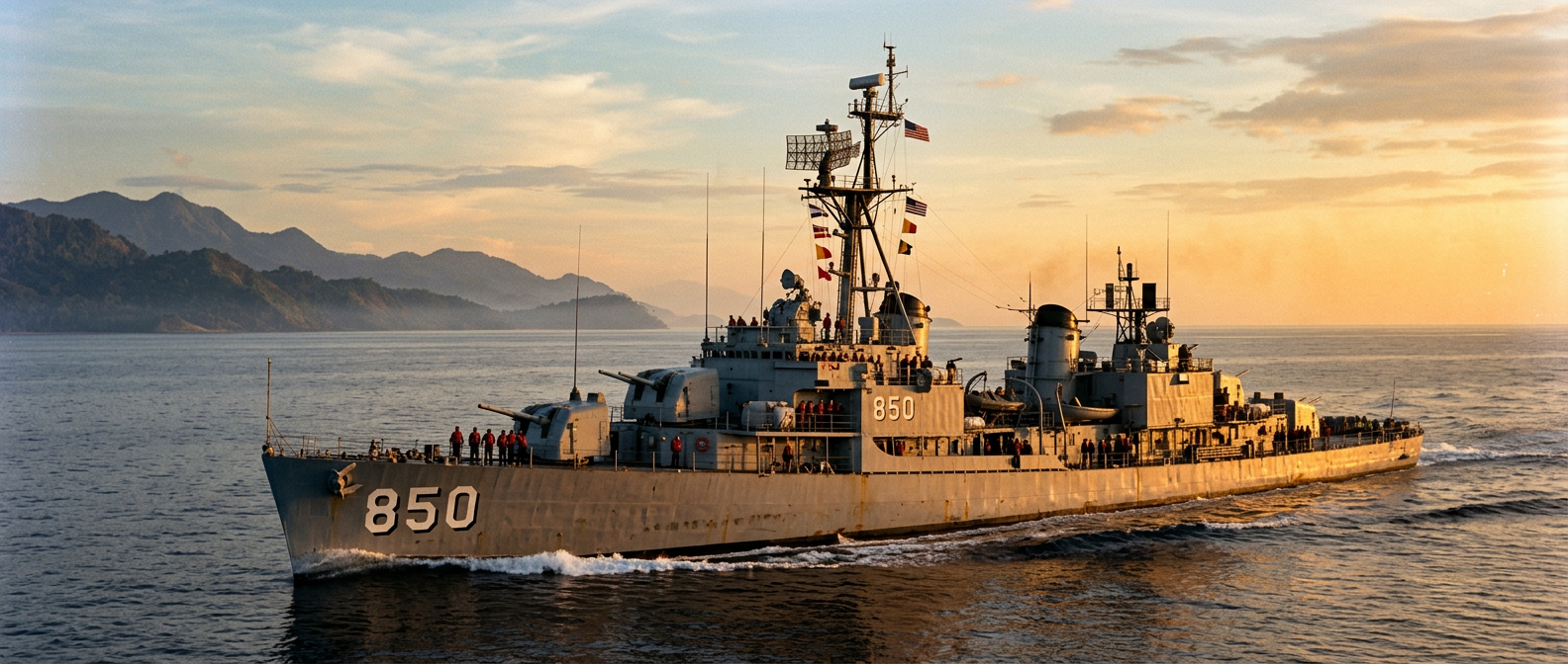 A Vietnam-era U.S. Navy destroyer underway on open ocean off the Vietnamese coastline at golden hour
