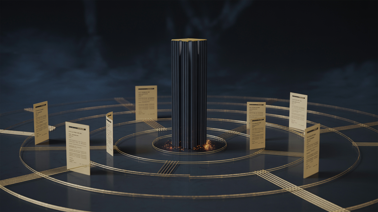 Cinematic editorial Visual eines dunklen Monolithen umgeben von konzentrischen goldenen Dokumentschichten und feinen Verbindungslinien – symbolisiert vertikale KI-Architektur mit Domänenwissen, Regeln und Prüfpfaden