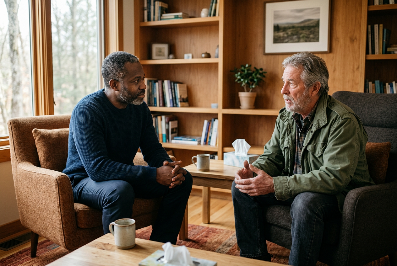 A male mental health clinician listening empathetically to an older male veteran during a therapy session in a warm office