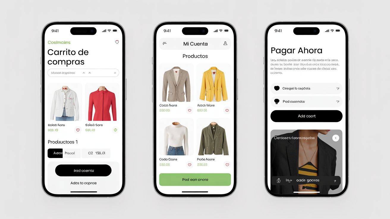 Interfaz móvil de tienda online con carrito de compras y diseño responsive