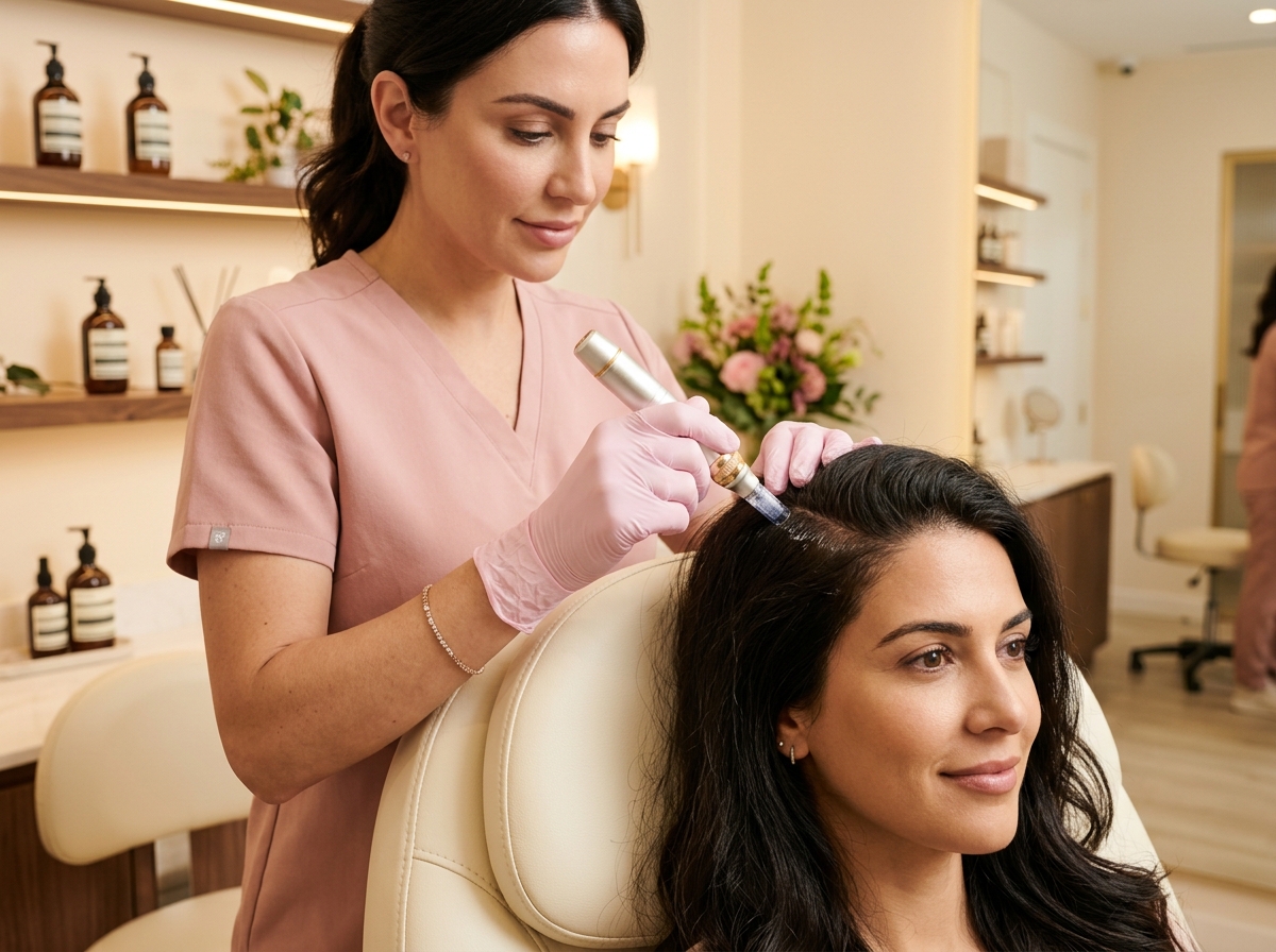 Professional performing a gentle microneedling scalp treatment for hair restoration