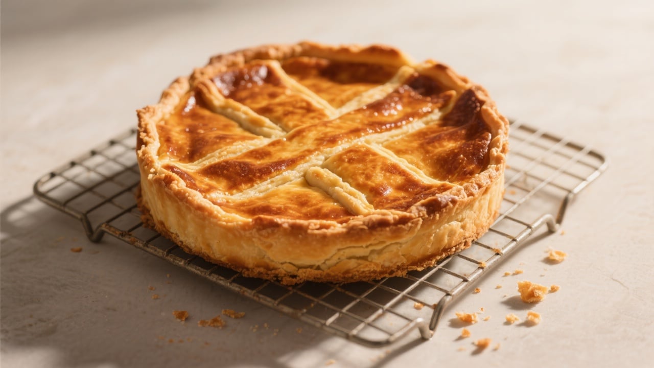Recette Authentique du Gâteau Basque 5 Un gâteau basque doré et croustillant posé sur une assiette rustique en bois, avec une part découpée révélant la crème pâtissière onctueuse.