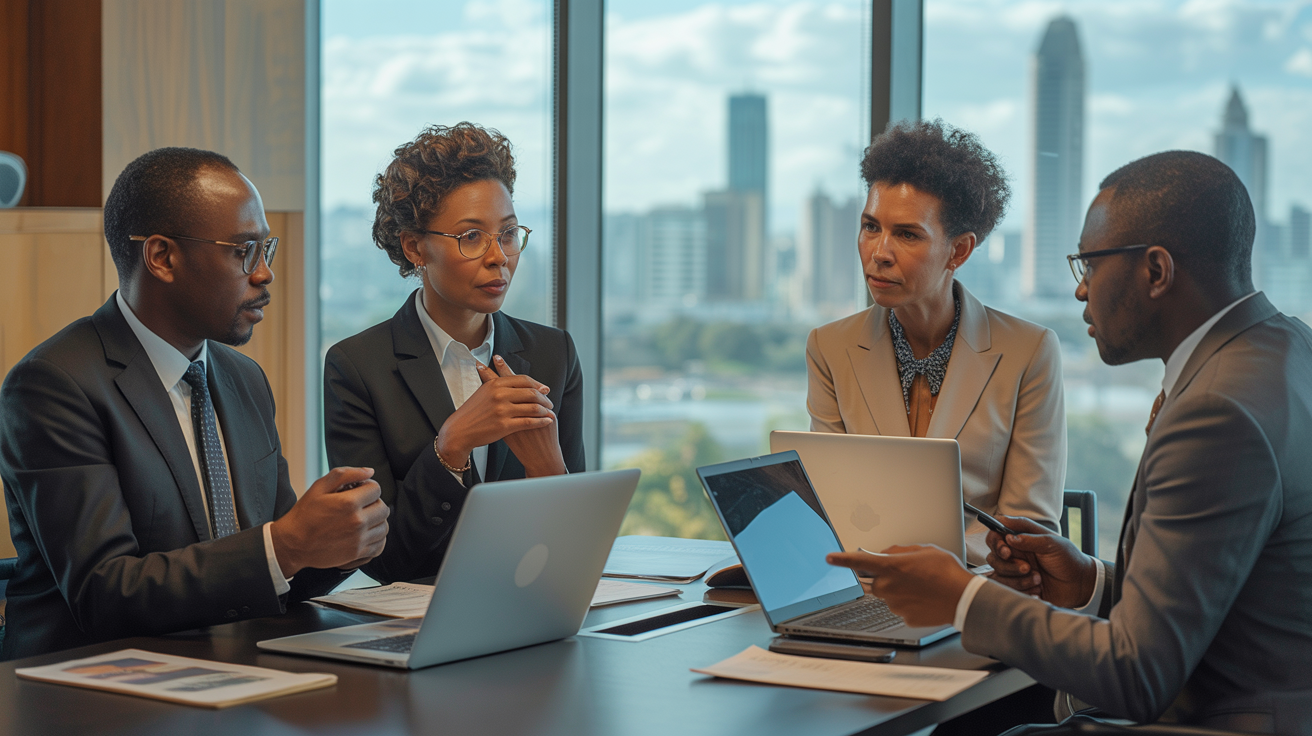 Kenyan leadership team in strategic boardroom discussion