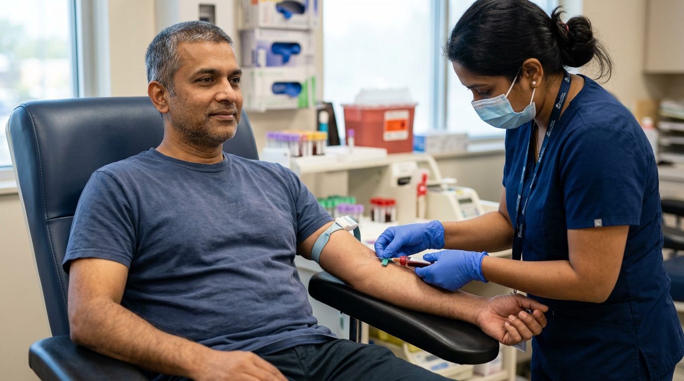 Veteran having blood drawn by a phlebotomist in a medical lab