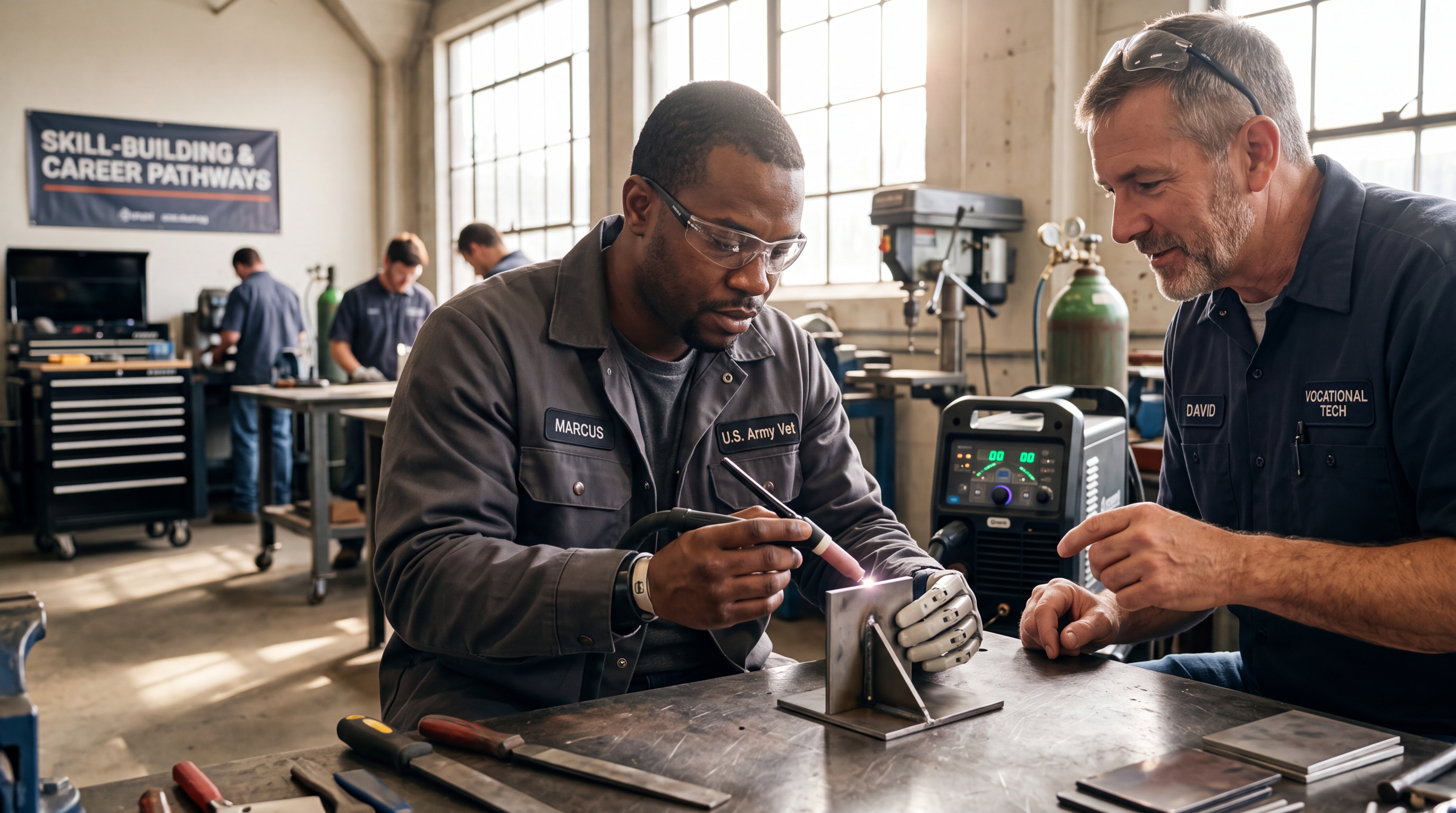 A veteran with a prosthetic arm learning a skilled trade in a workshop alongside an instructor
