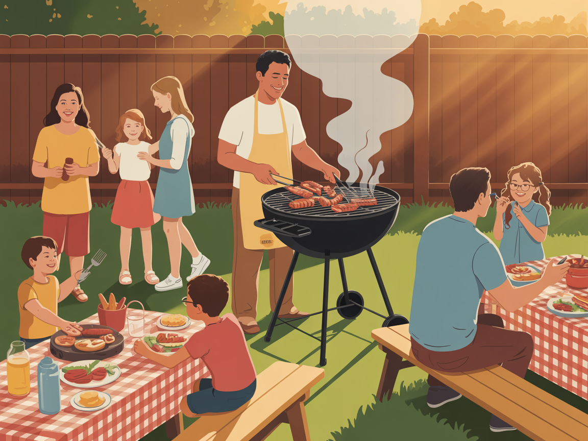 Family outdoor cookout and BBQ scene